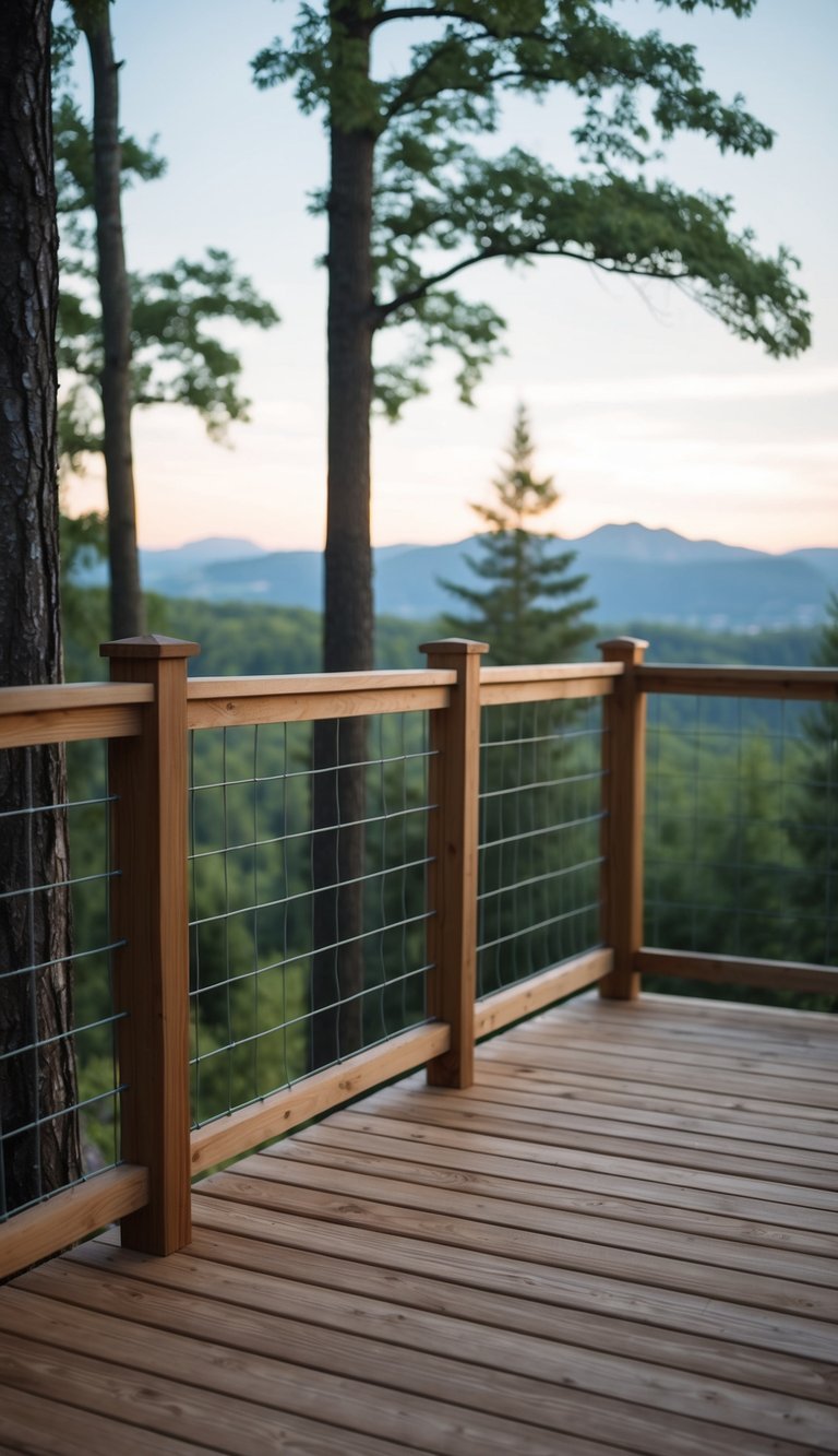 A wooden deck with hog wire railings, surrounded by trees and a distant mountain view