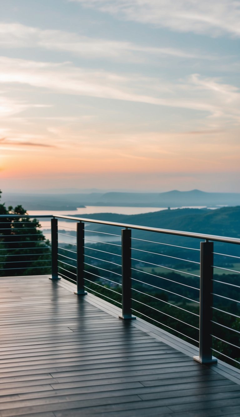 A modern deck with sleek horizontal railings, overlooking a scenic landscape