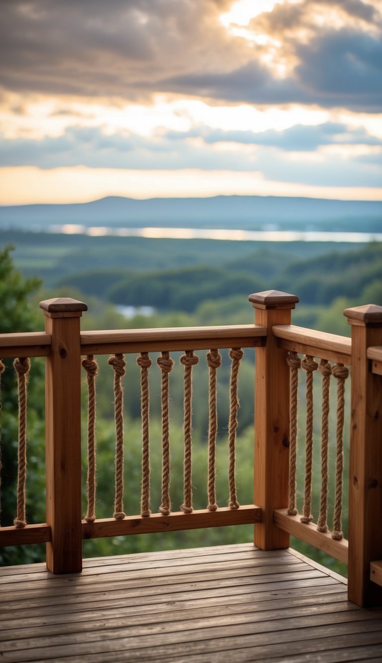 A wooden deck with rope railings, overlooking a scenic landscape