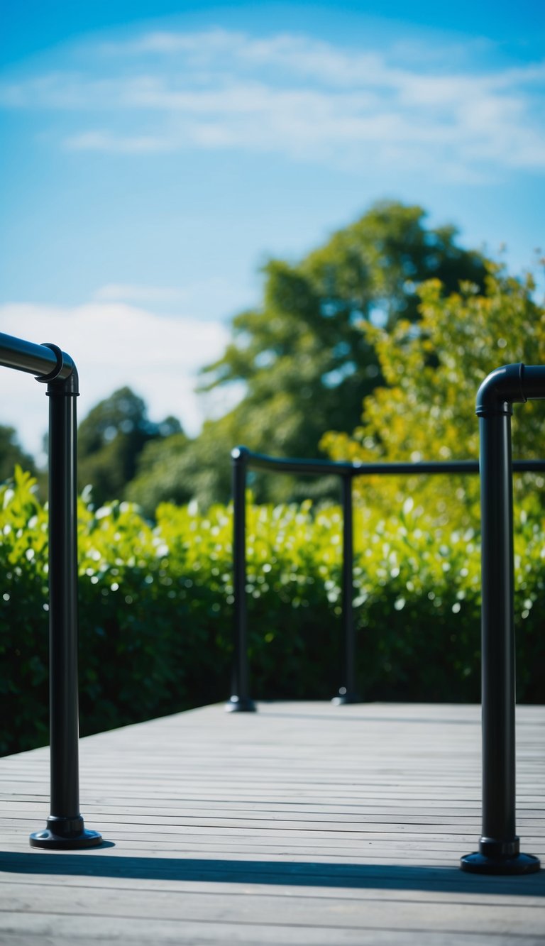 A modern deck with sleek black pipe railings, set against a backdrop of lush greenery and a clear blue sky