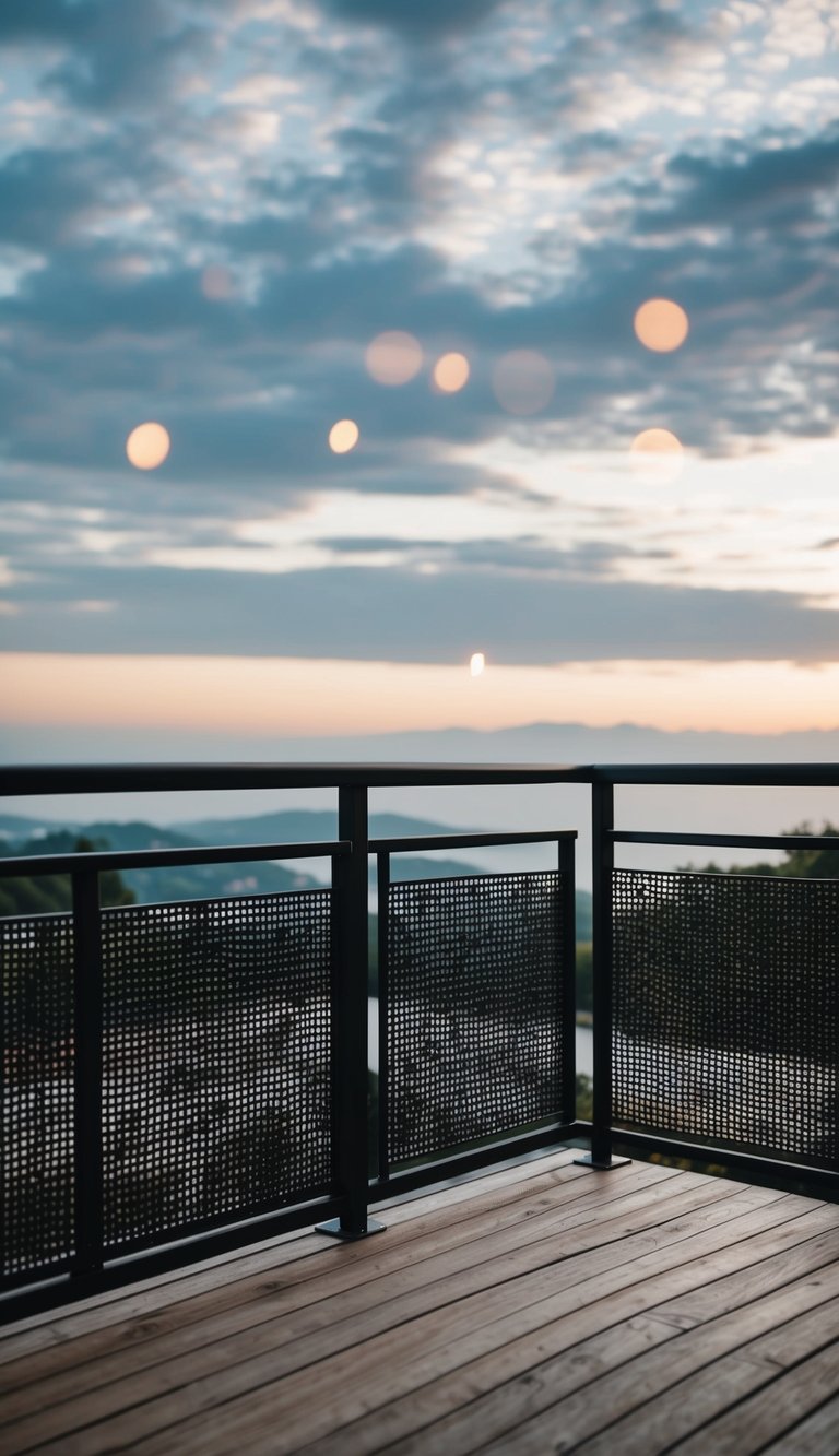 A modern deck with perforated metal railings, overlooking a scenic view