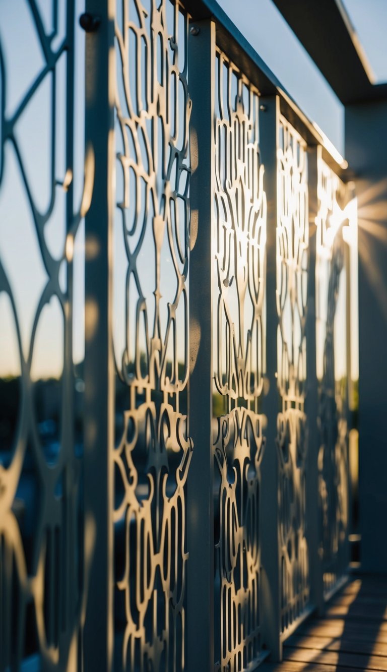 Laser-cut metal panels form an intricate pattern on a deck railing, casting striking shadows in the afternoon sun