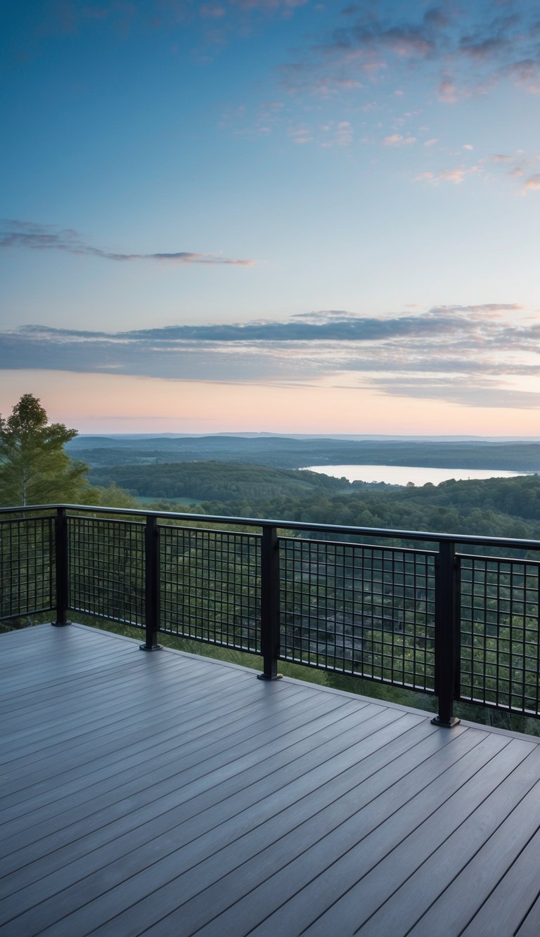 A modern deck with sleek grid-style railings overlooking a scenic landscape