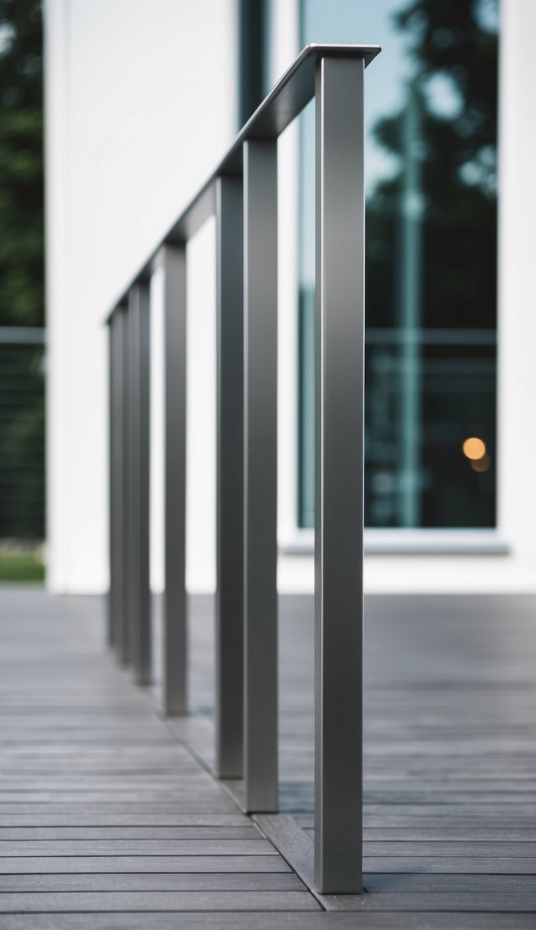 A modern deck with sleek vertical metal railings, creating a clean and minimalist aesthetic