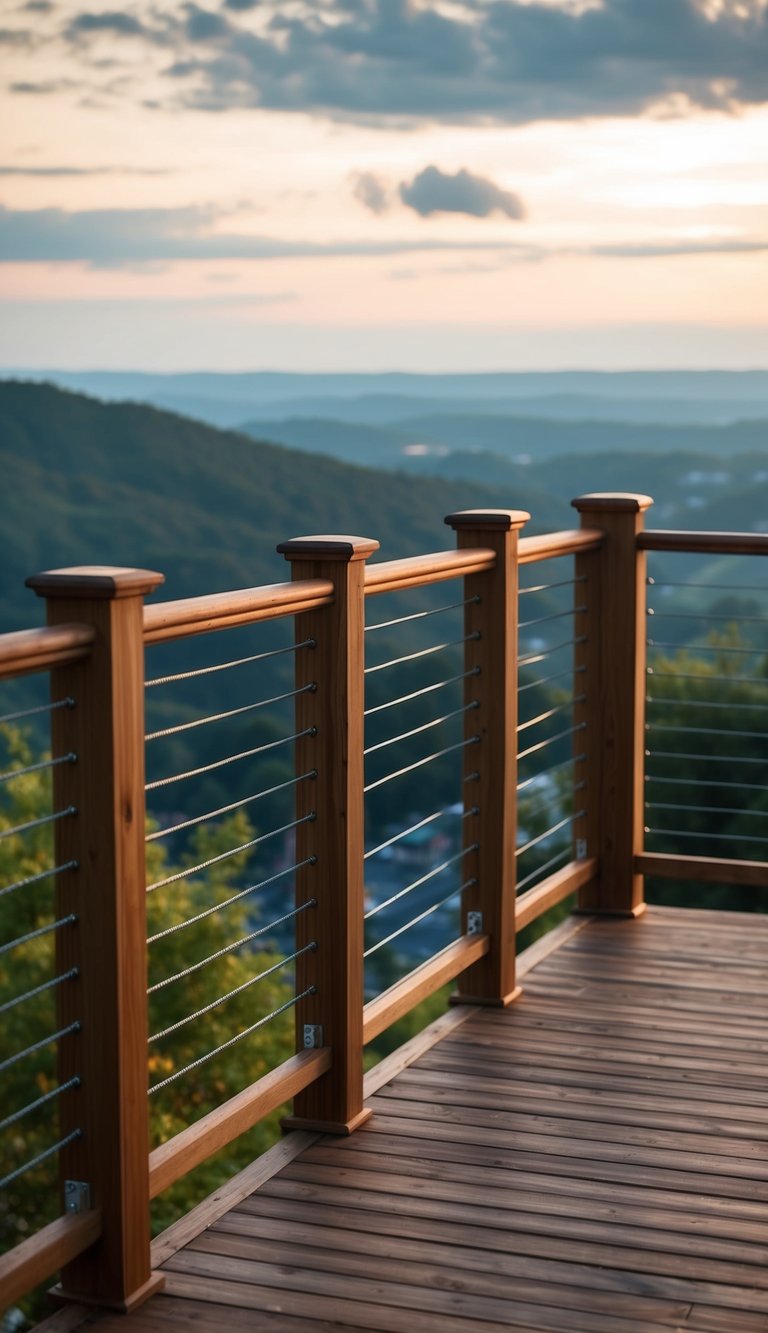 A wooden deck with braided cable railings overlooking a scenic landscape