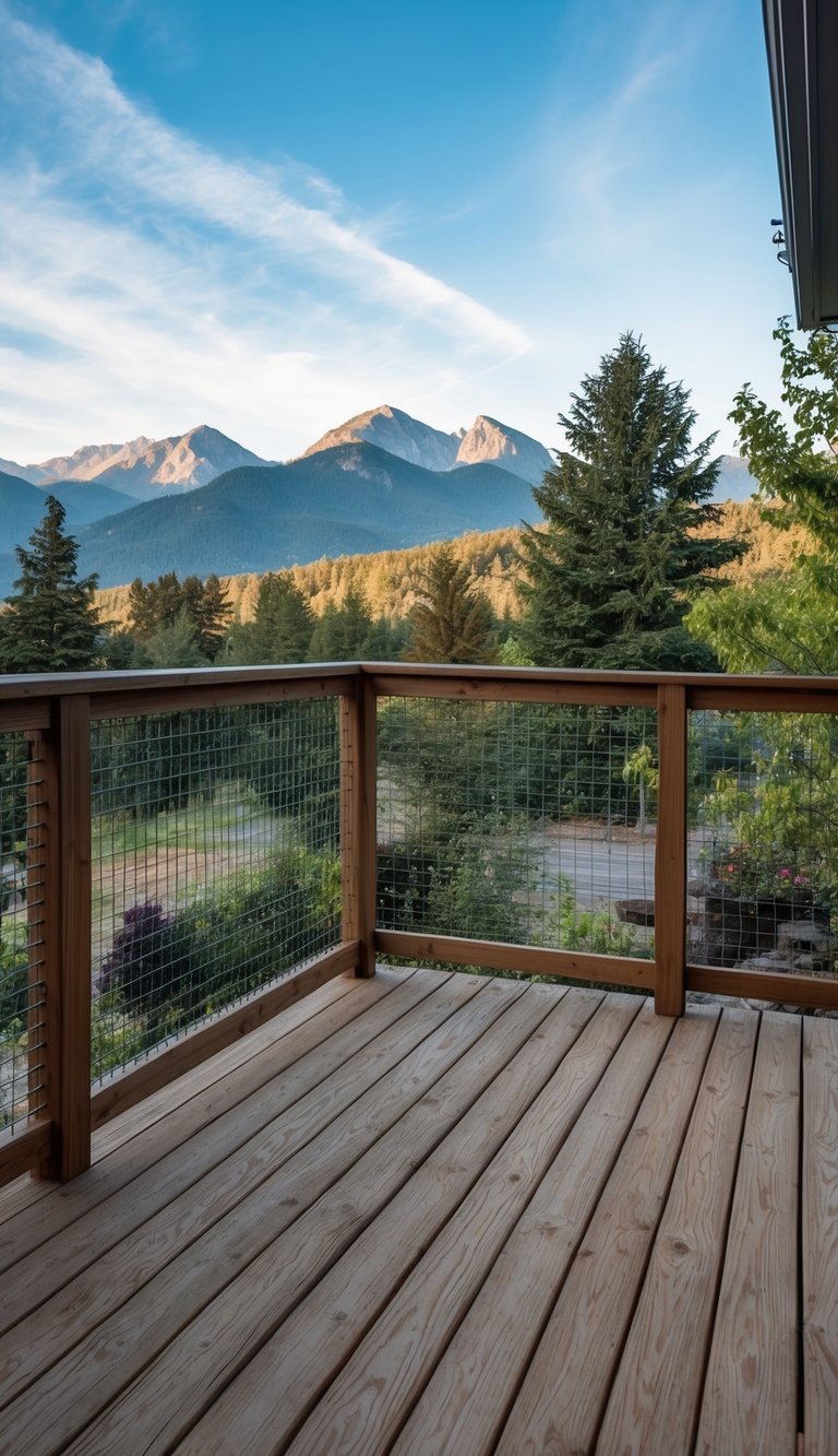 A wooden deck with wire mesh railings overlooking a scenic view of mountains and trees