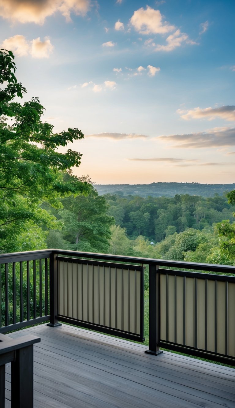 A deck with privacy screen railings, surrounded by lush greenery and overlooking a serene landscape