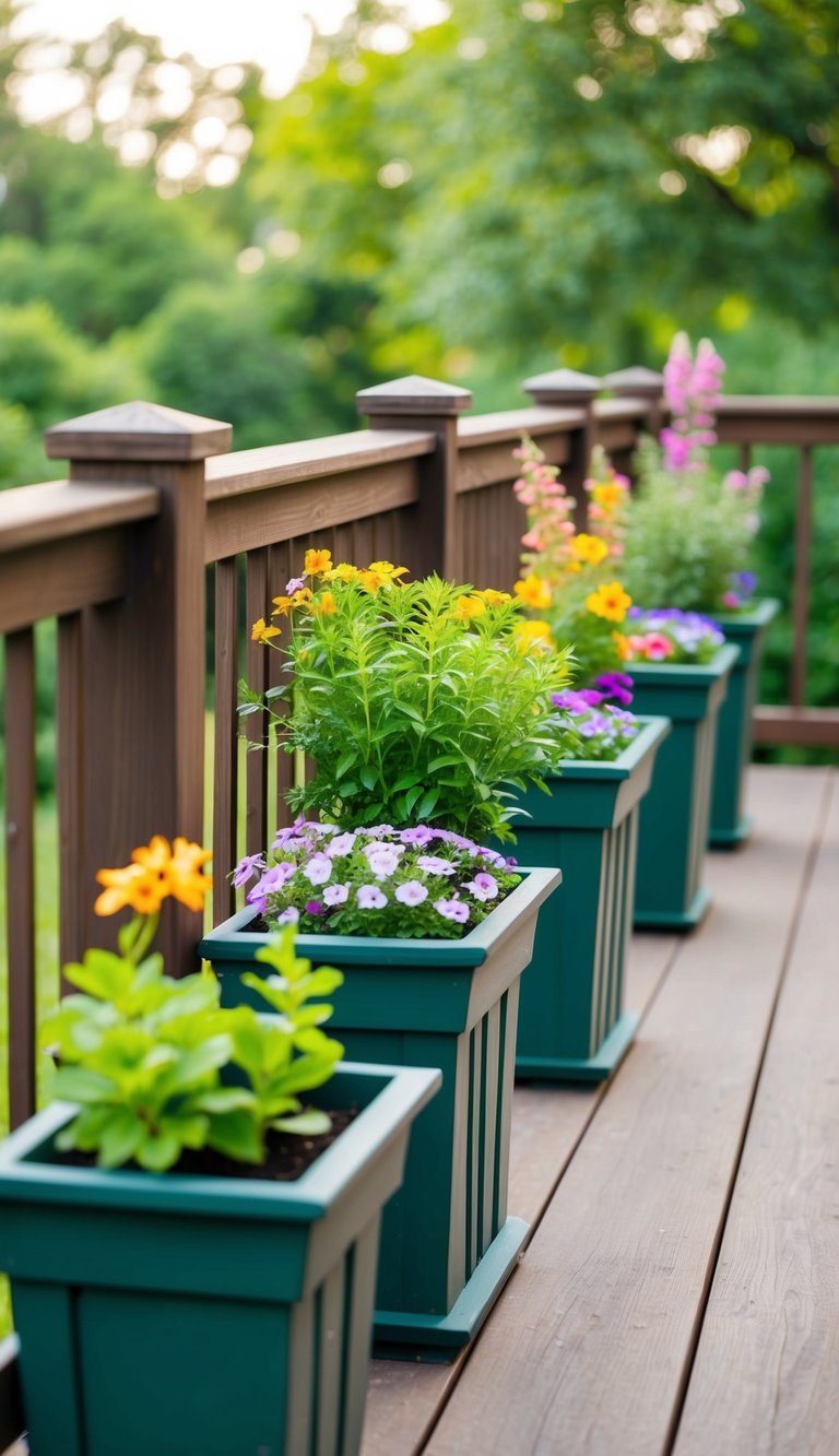 A row of planter boxes attached to deck railings, filled with vibrant flowers and greenery