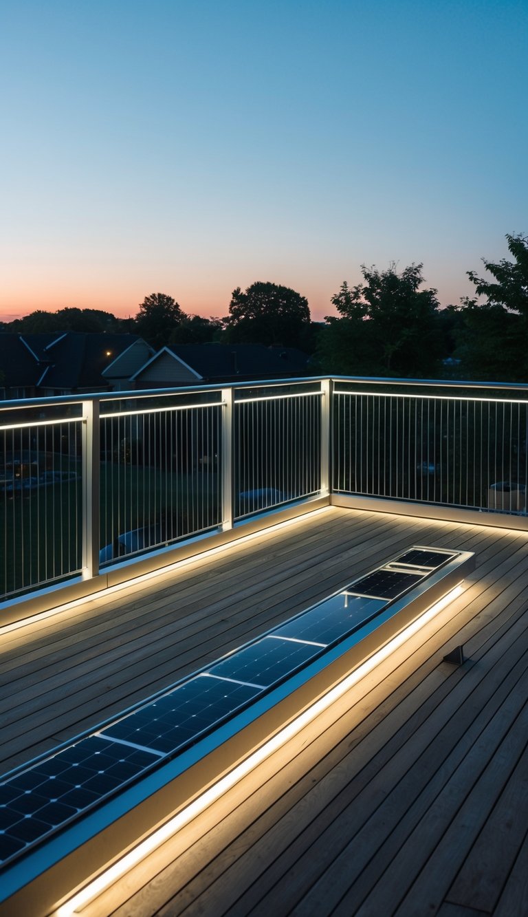 A modern deck with sleek, solar-powered light railings illuminating the space on a clear evening