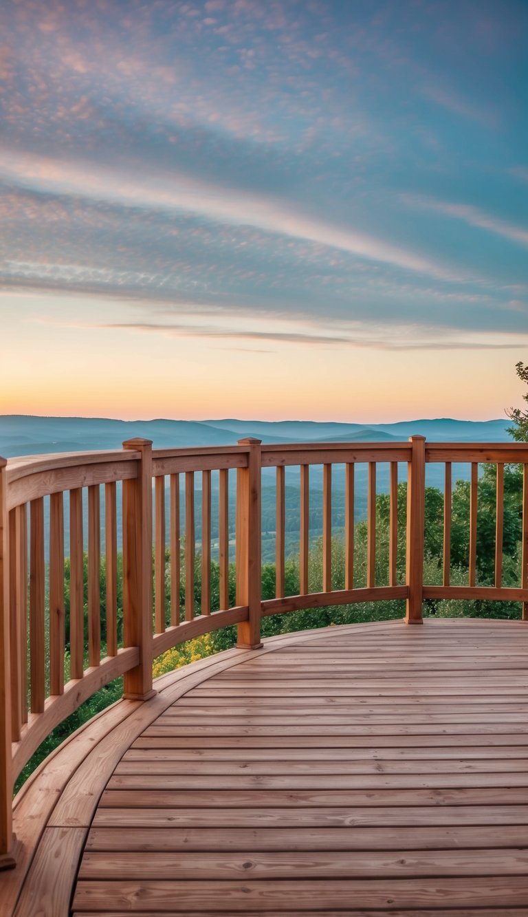 A wooden deck with curved railings overlooking a scenic landscape