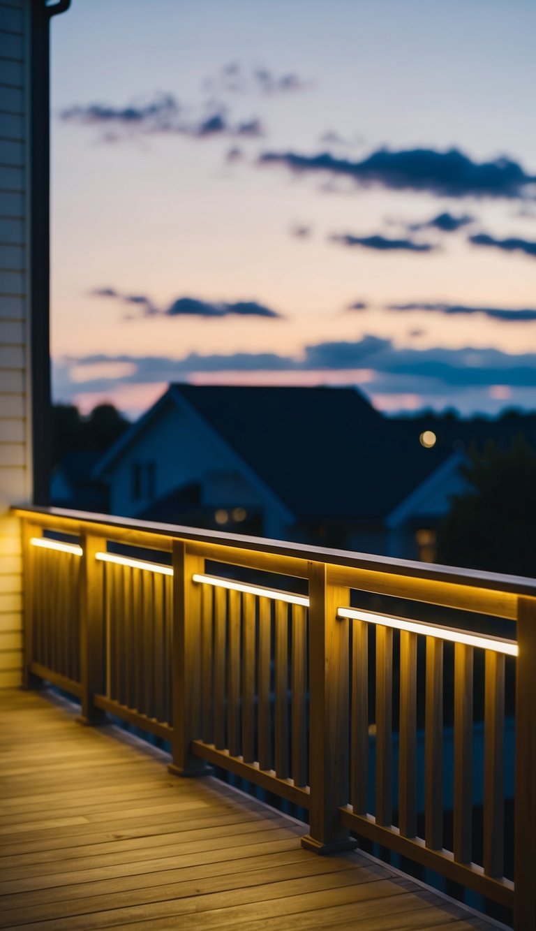 A modern deck with LED-illuminated railings, casting a soft glow in the evening