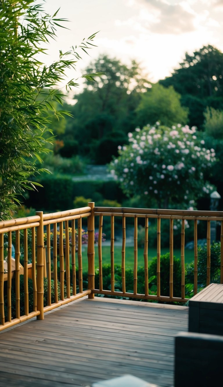 A serene backyard deck with bamboo railings overlooking a lush garden