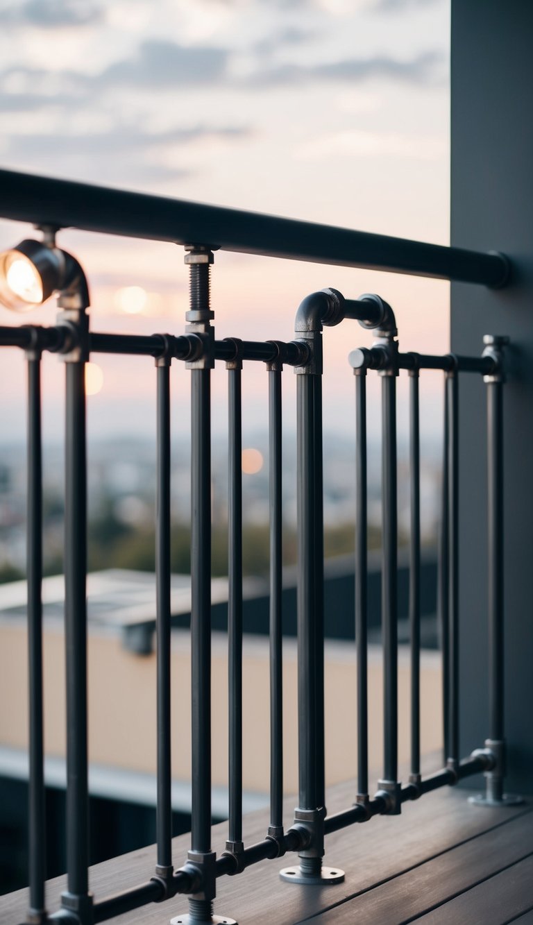 A modern industrial railing made of metal pipes and fittings, creating a sleek and minimalist design for a deck or balcony