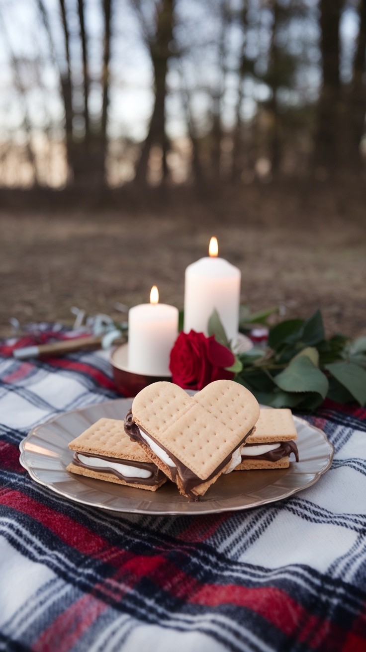 Heart-shaped s'mores with graham crackers and chocolate