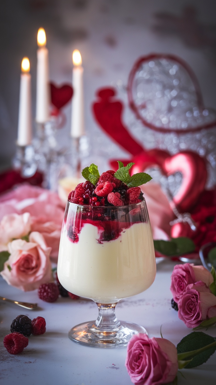 A creamy vanilla panna cotta topped with mixed berry compote, perfect for Valentine's Day.