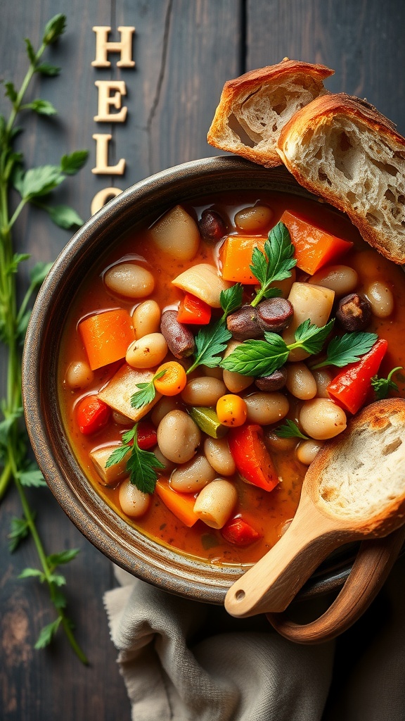 A warm bowl of vegetable and bean stew with fresh herbs and bread.