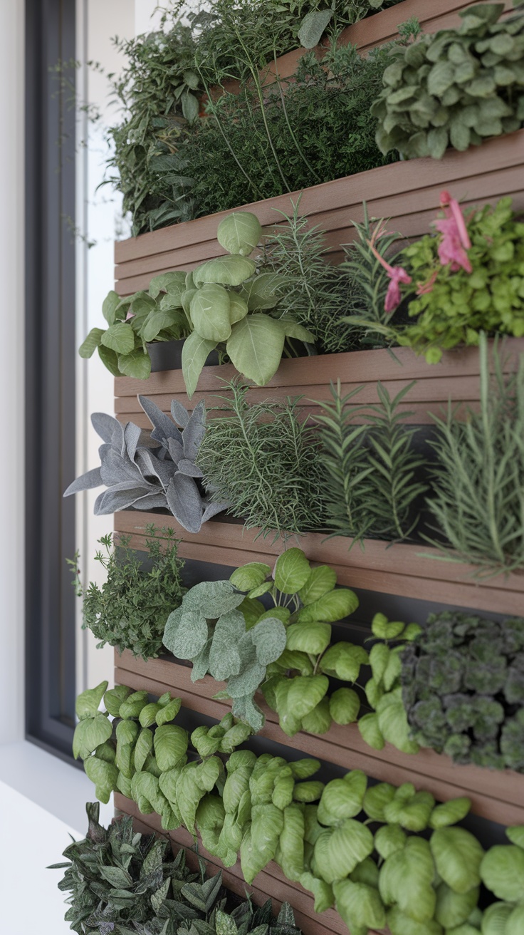 Vertical garden setup with various plants arranged on wooden planks.