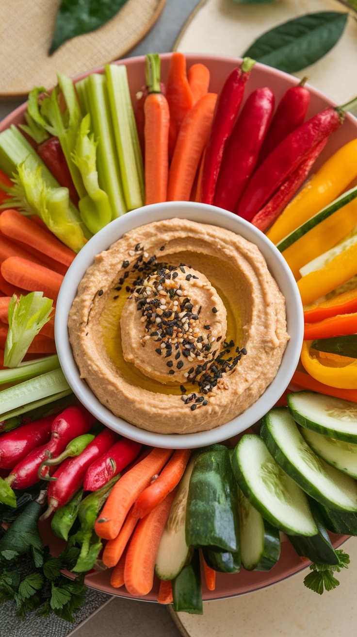 A colorful vegetable crudités platter with hummus in the center, featuring a variety of fresh vegetables.