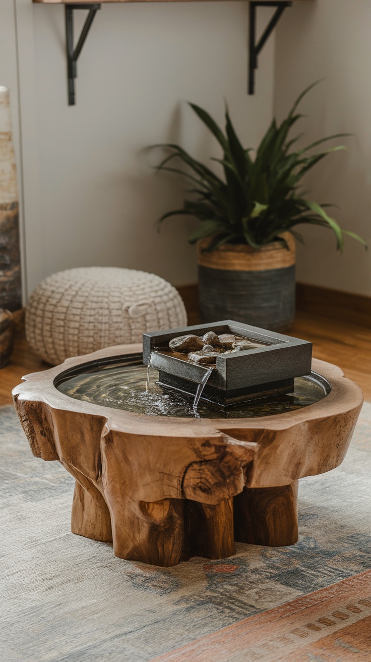 A unique coffee table with a water feature made from wood, featuring a small fountain.