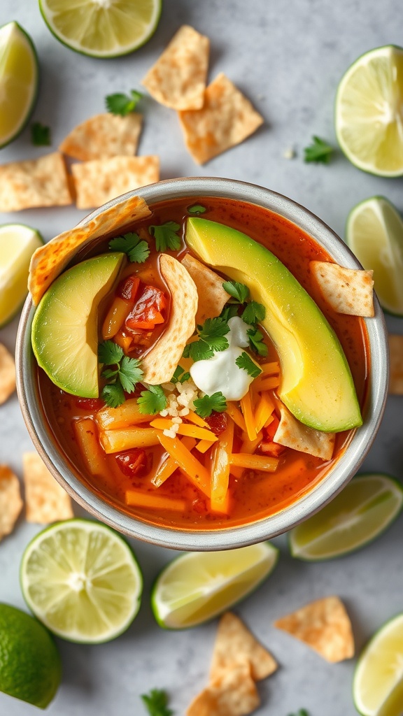 A bowl of zesty taco soup topped with tortilla strips, avocado, cheese, and garnished with lime and cilantro.