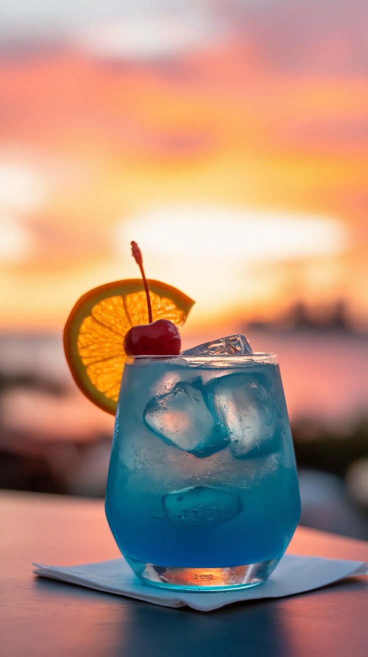 A refreshing Blue Hawaiian cocktail garnished with an orange slice and cherry