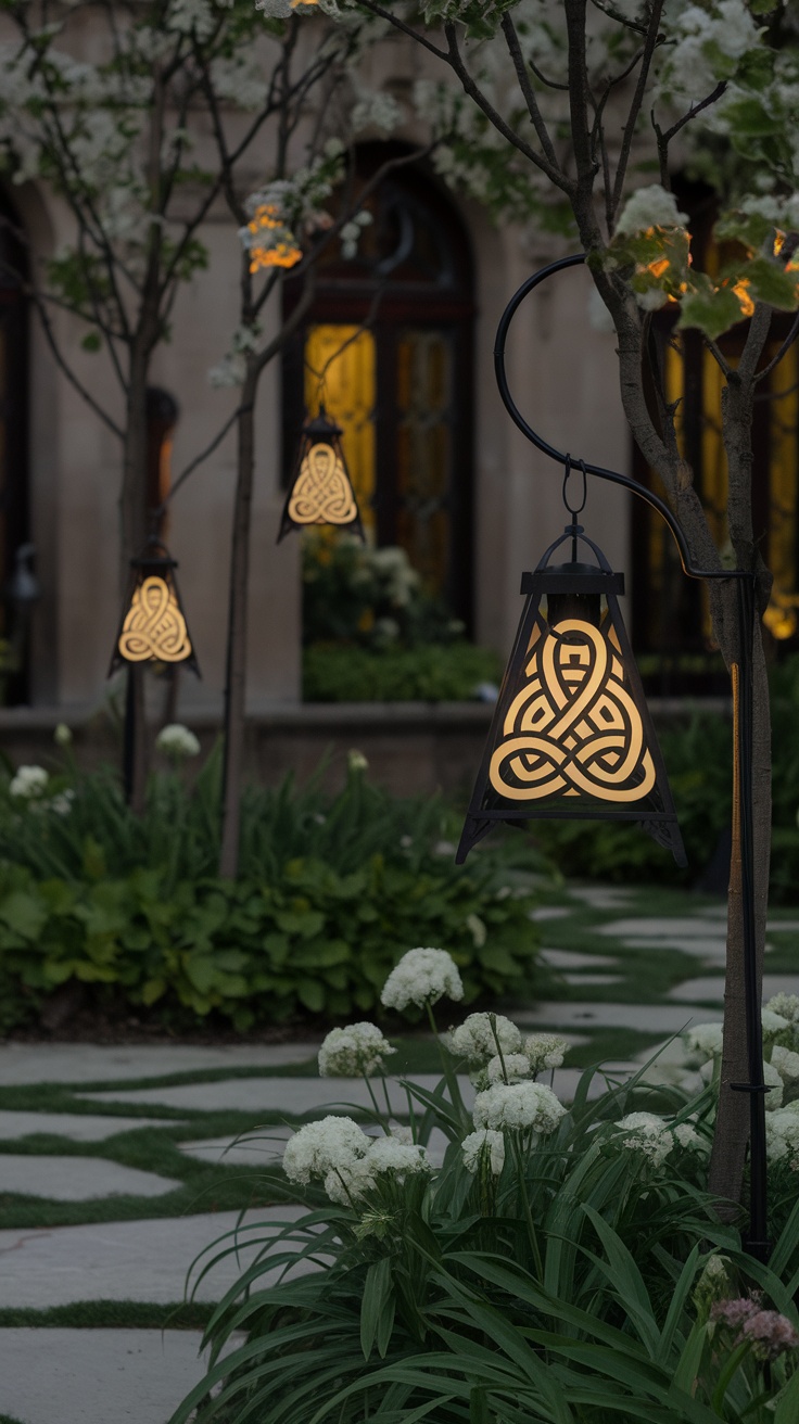 Celtic knot lanterns hanging from trees in a garden