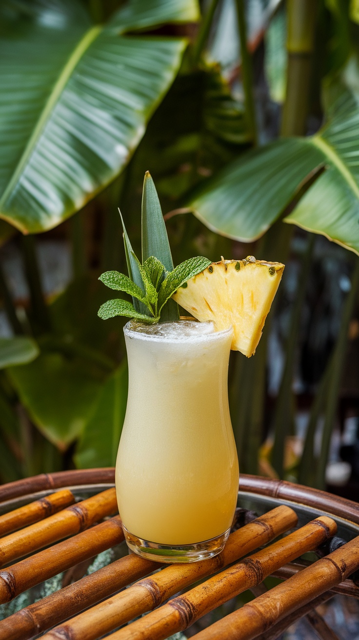 A refreshing Mai Tai cocktail garnished with mint and pineapple.