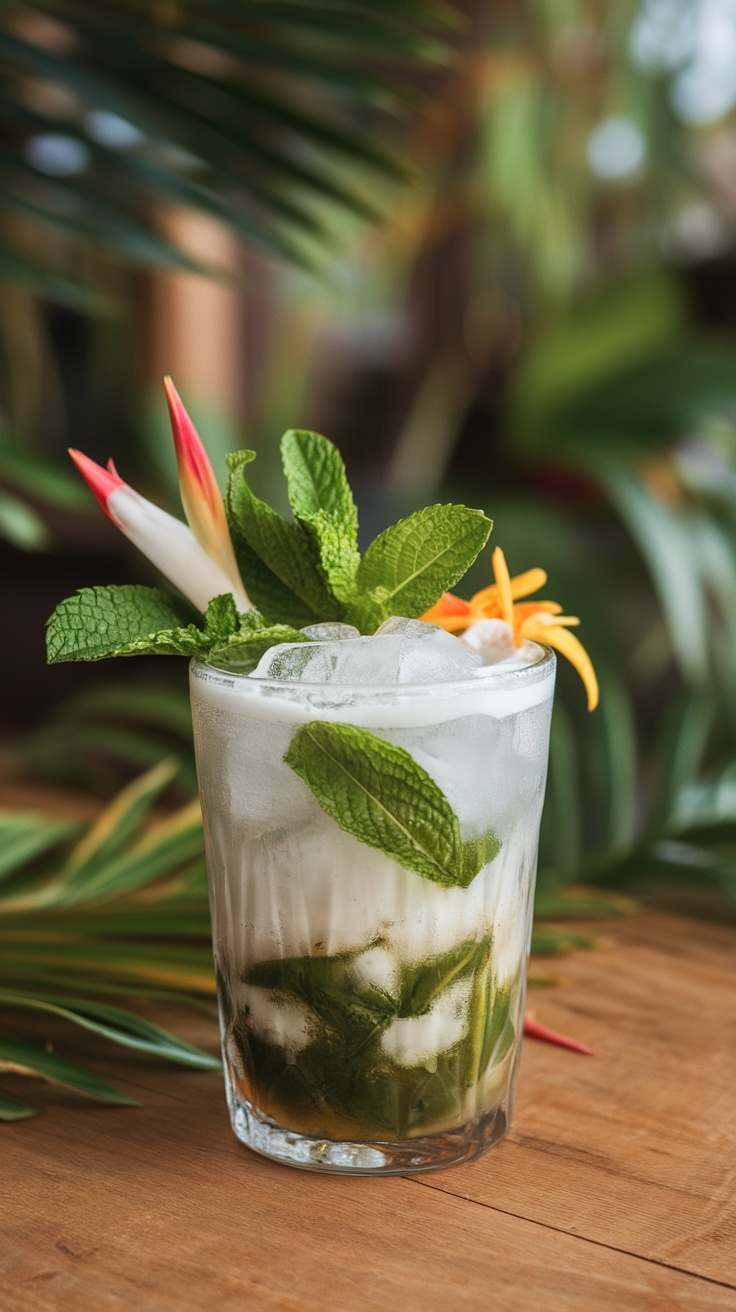 A refreshing Coconut Mojito cocktail garnished with mint leaves and flowers