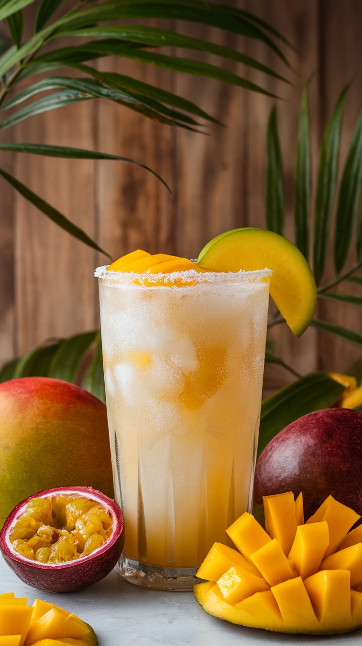 A refreshing Daiquiri with tropical fruit garnishes, featuring mango and passion fruit.