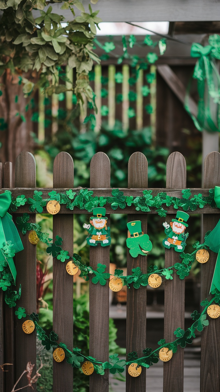 A decorative fence adorned with green ribbons and shamrock garlands for St. Patrick's Day.