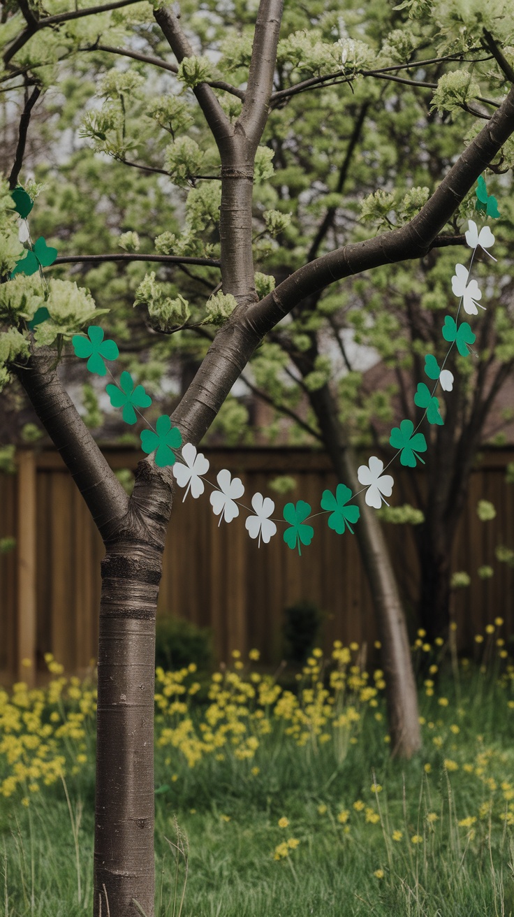 A DIY clover garland hanging from a tree, adding festive decoration for St. Patrick's Day.