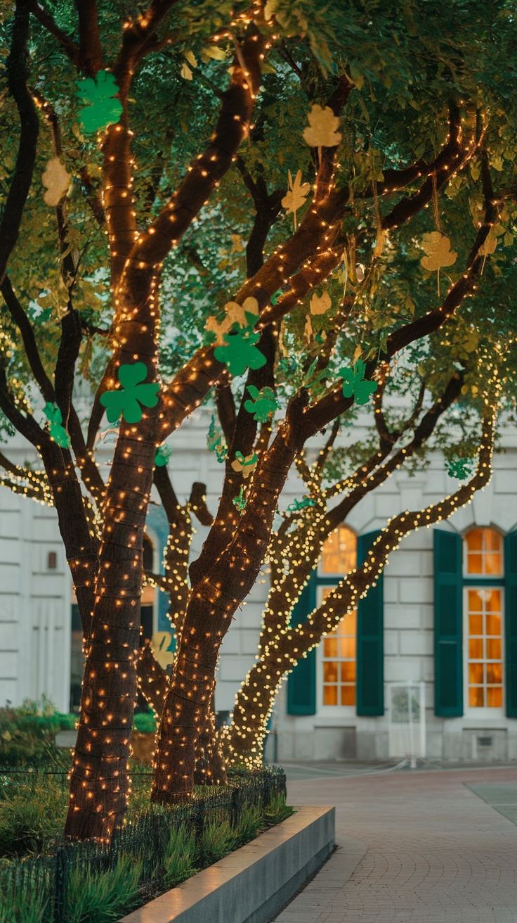 Trees decorated with lights and shamrock cutouts for St. Patrick's Day.