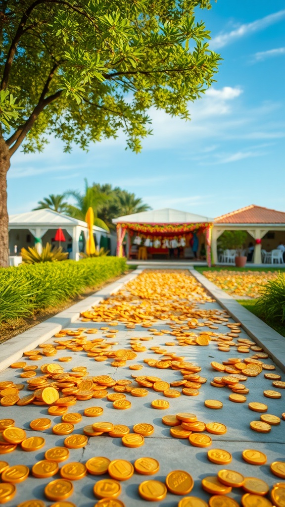 A pathway lined with gold-painted coins leading to a decorated outdoor dining area.