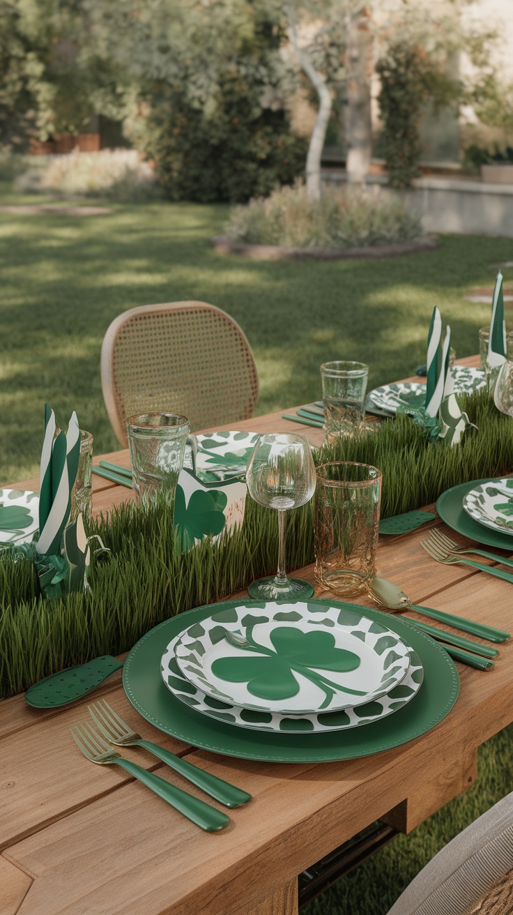 A beautifully set outdoor table with a grass table runner, green plates, and drinks, perfect for a St. Patrick's Day celebration.