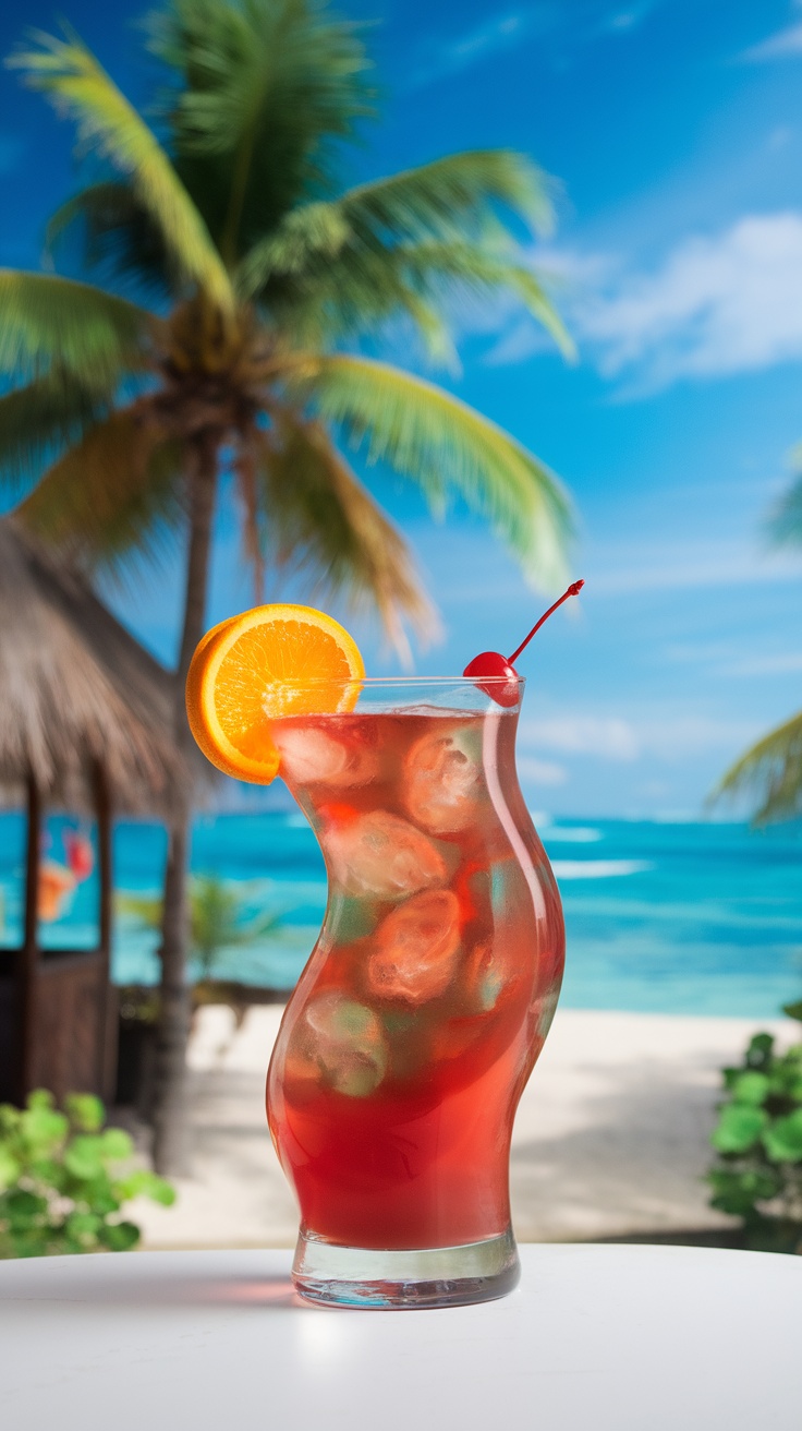 A colorful Hurricane cocktail garnished with an orange slice and cherry, set against a tropical background.