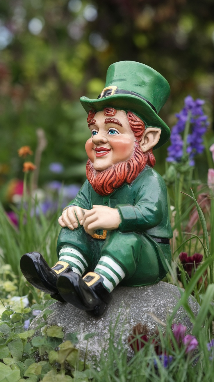 A cheerful leprechaun garden statue sitting on a rock surrounded by flowers.