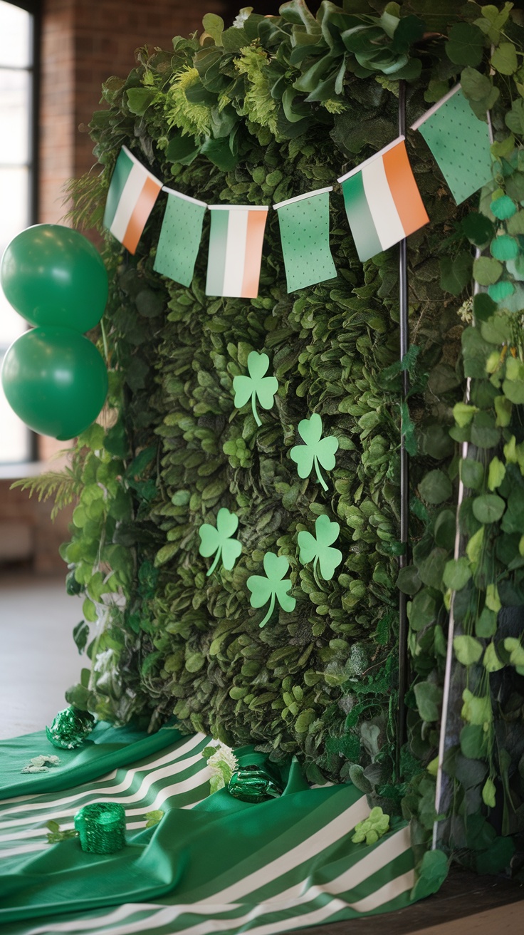 Lush greenery backdrop for St. Patrick's Day decorations with shamrocks and balloons