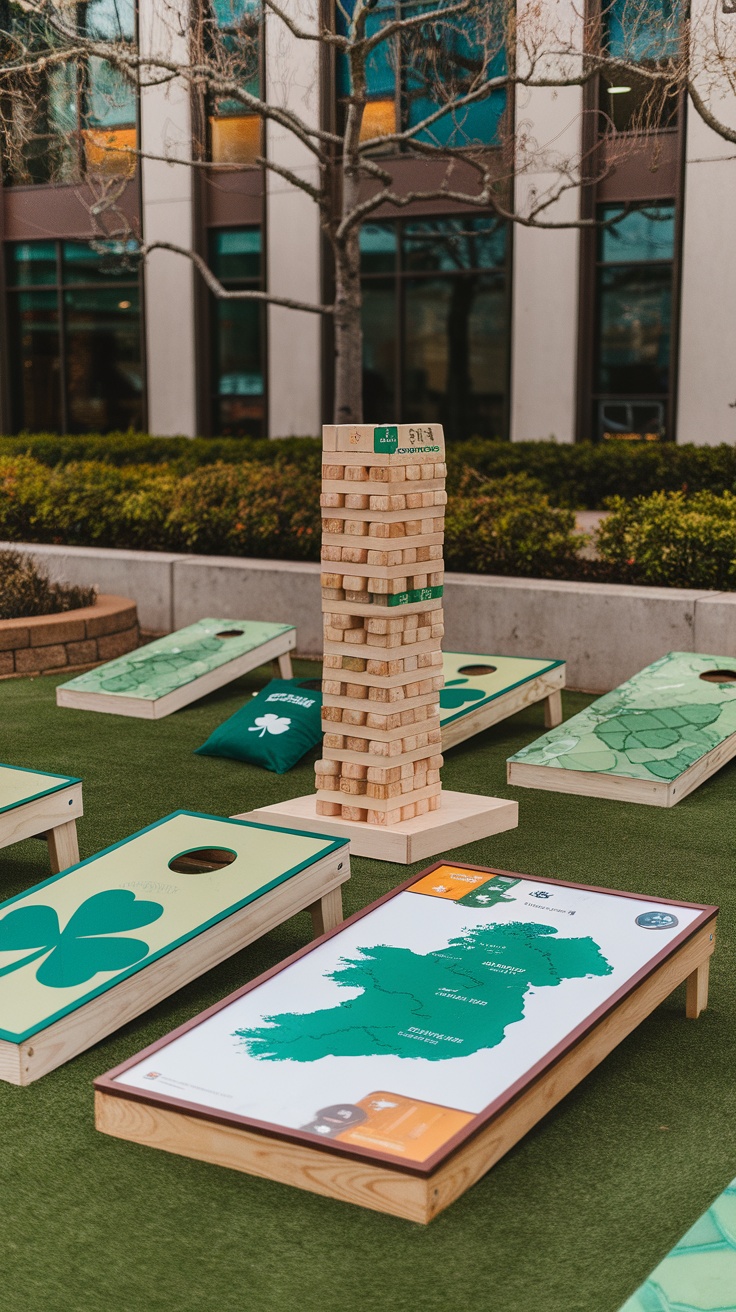 Outdoor games with Irish themes, featuring bean bag toss and giant Jenga.