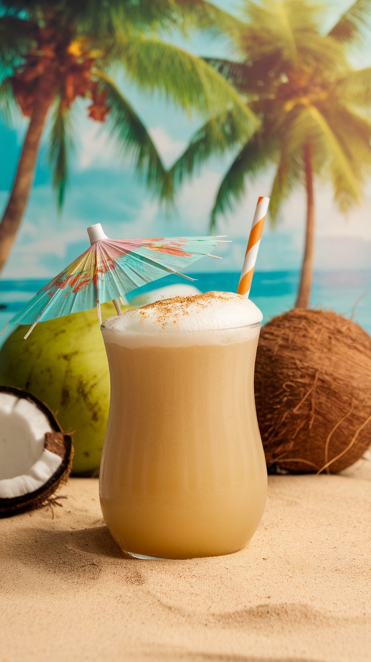 A refreshing Painkiller cocktail garnished with nutmeg and a colorful straw, set against a tropical backdrop.