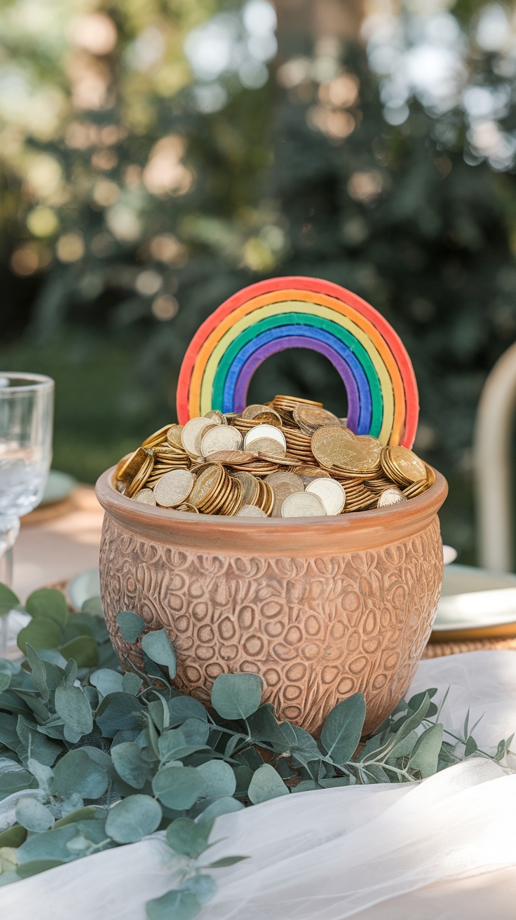 A terracotta pot filled with gold coins and a rainbow decoration on top, surrounded by greenery.