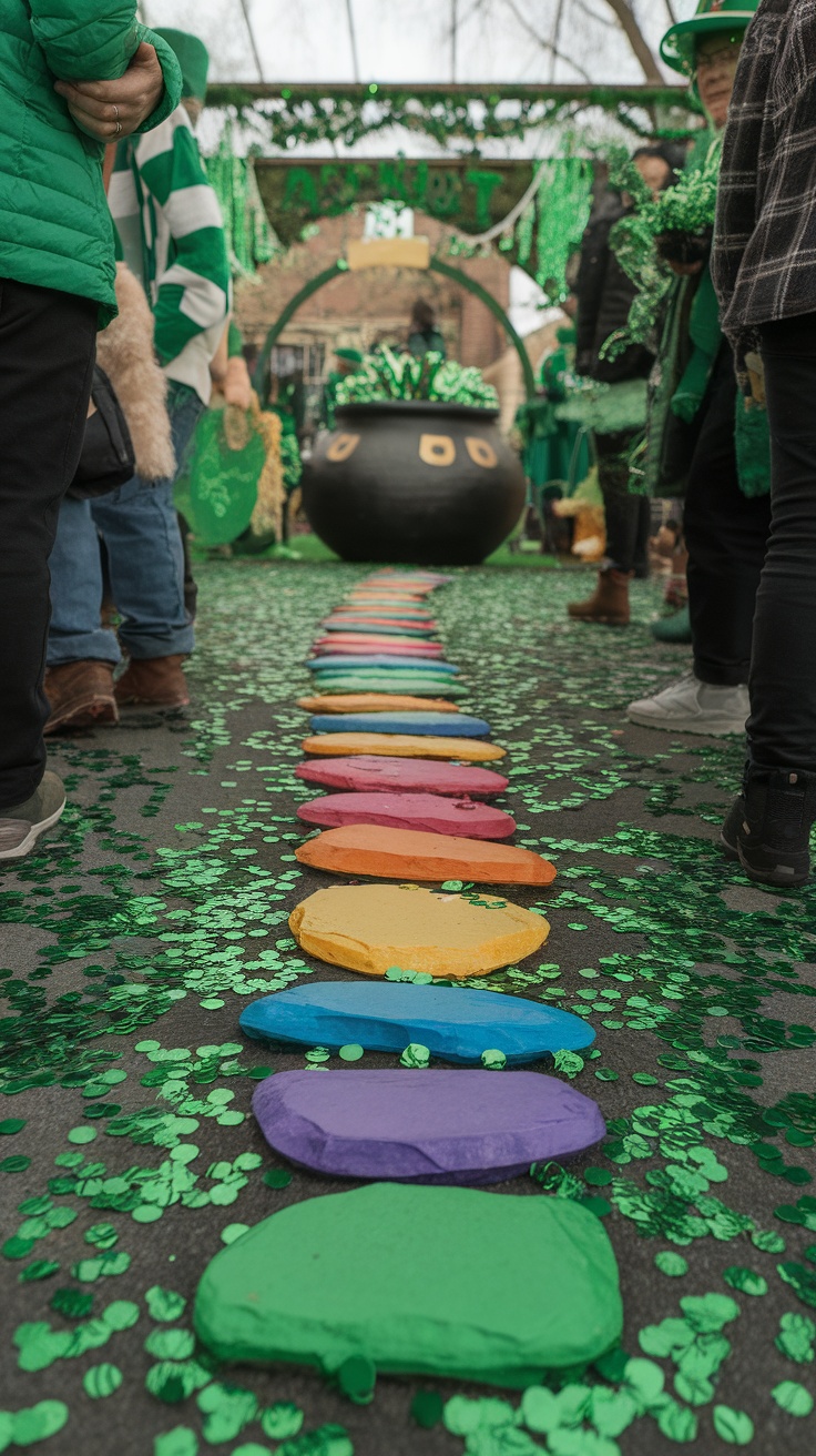 Colorful painted stones forming a rainbow pathway, surrounded by green confetti