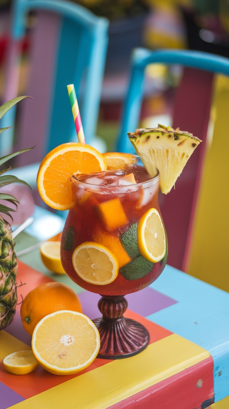 A colorful rum punch cocktail garnished with fresh fruit slices.