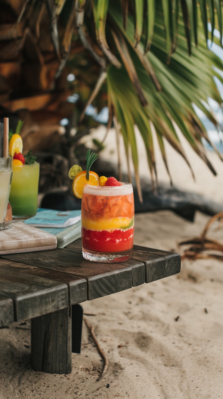 A colorful Rum Runner cocktail garnished with fresh fruit slices.