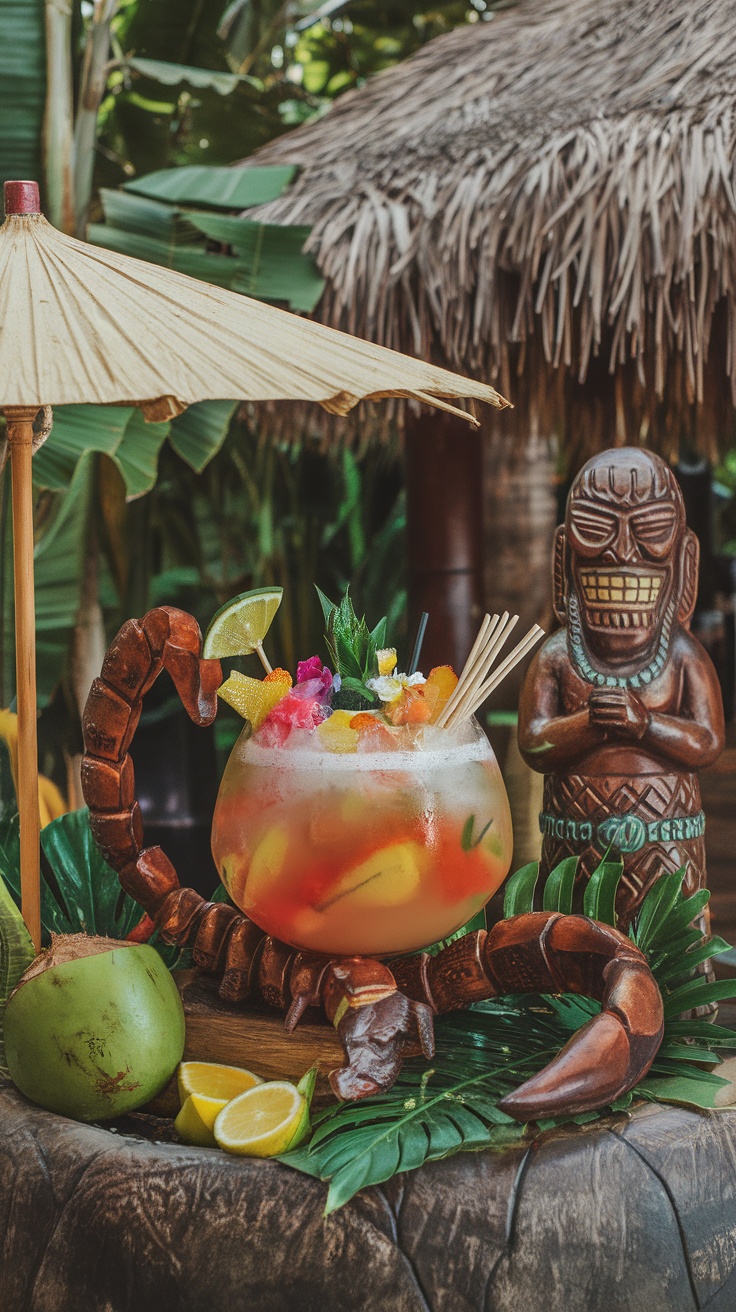 A colorful Scorpion Bowl cocktail garnished with fruits and served in a festive setting.