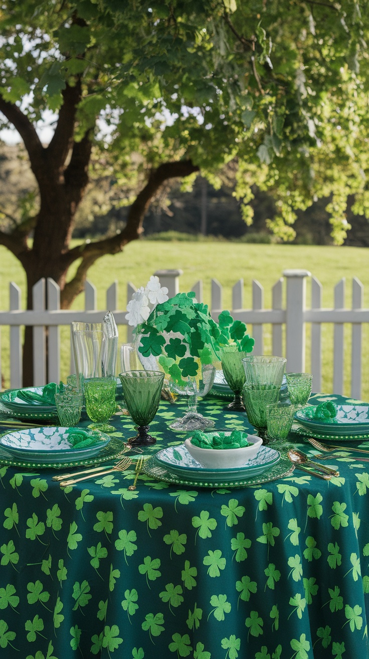 A table set outdoors with a shamrock-patterned tablecloth, green glassware, and festive decorations for St. Patrick's Day