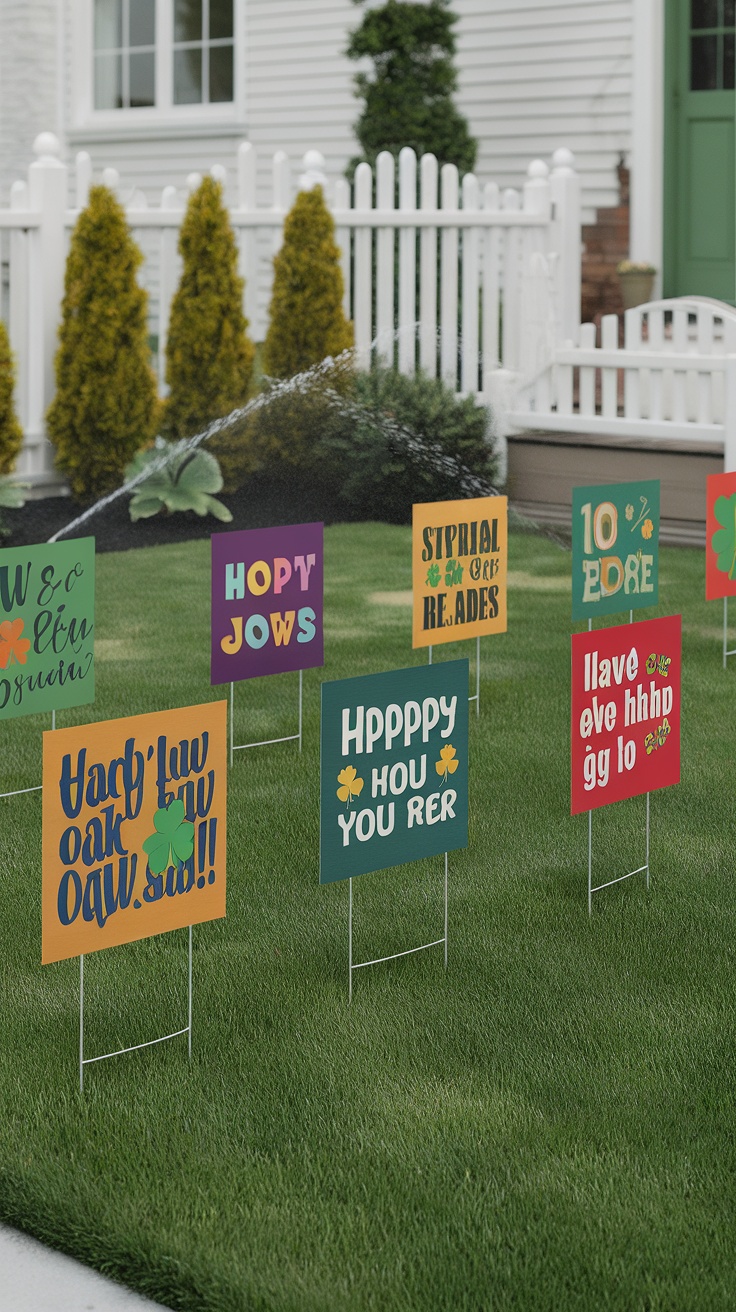 A variety of colorful St. Patrick's Day yard signs displayed in a grassy yard.