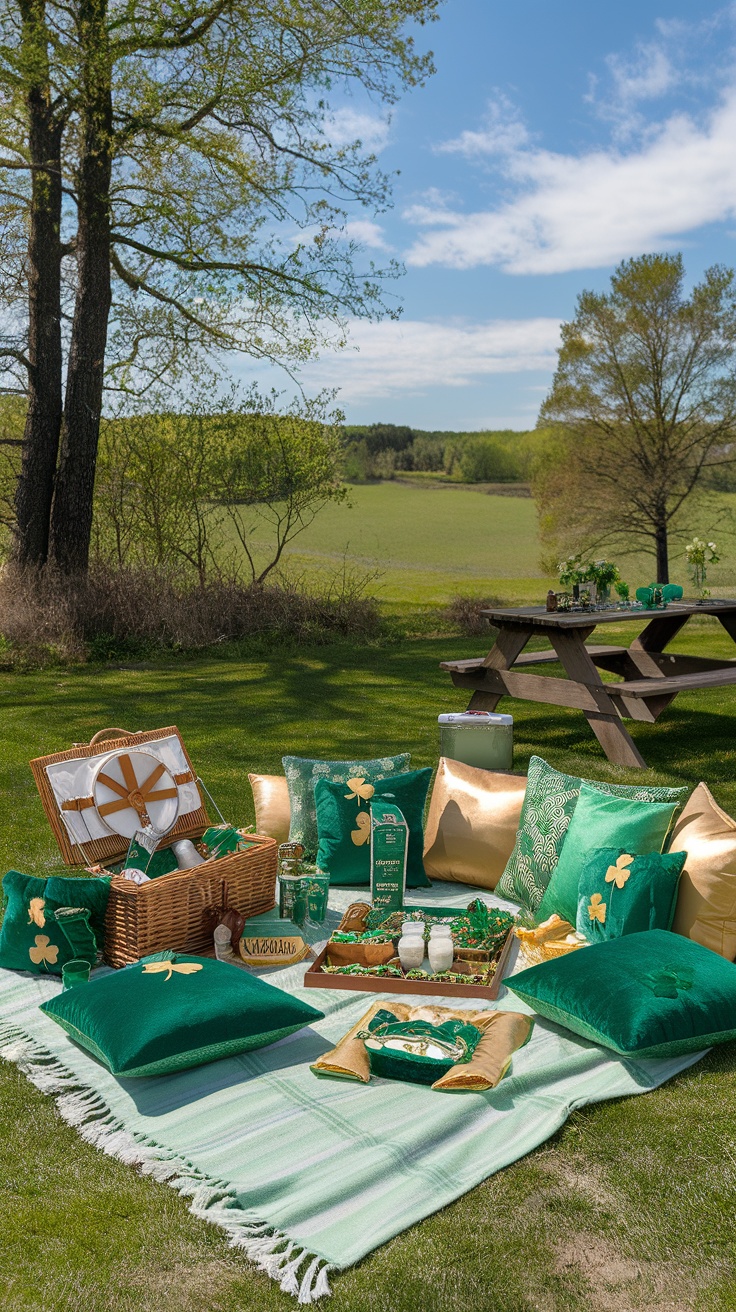 A themed picnic setup for St. Patrick's Day featuring green cushions, treats, and a beautiful outdoor setting.