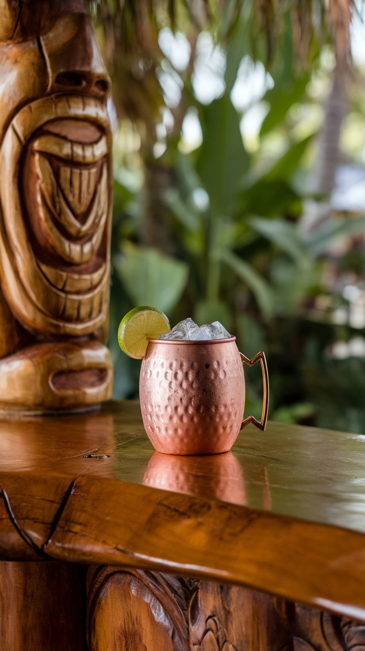 A refreshing Tiki Mule cocktail served in a copper mug with a lime wedge.