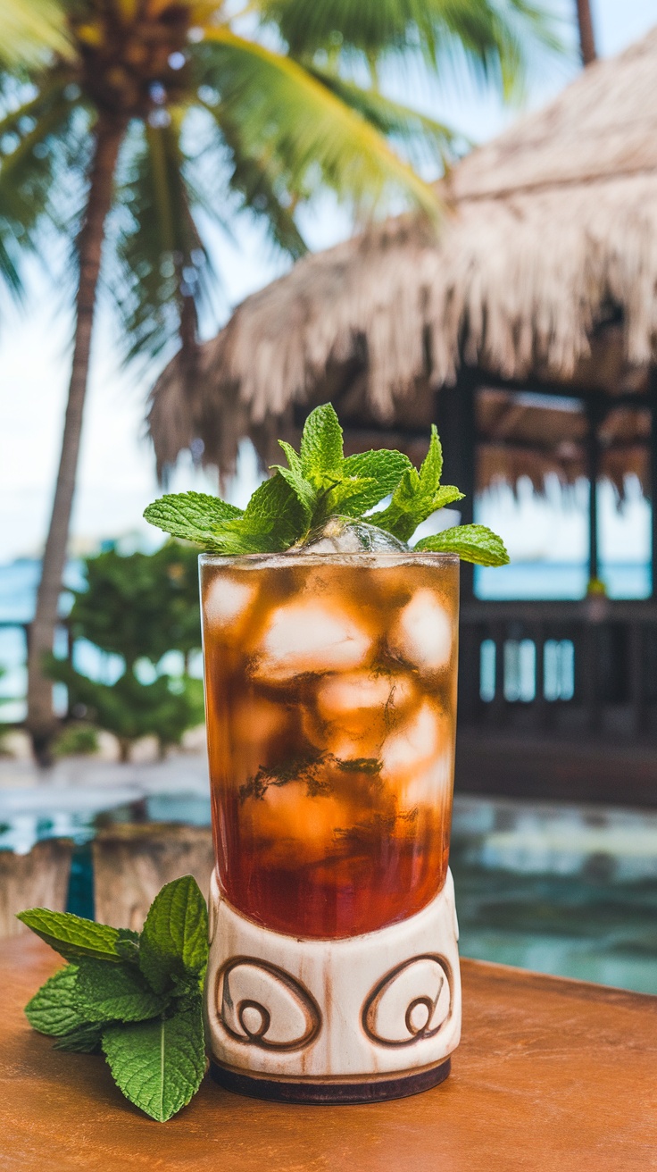 A refreshing Tiki Tea cocktail served in a tiki glass with mint garnish