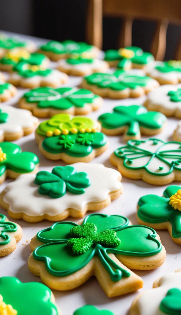 A table covered in freshly baked sugar cookies, each adorned with intricate royal icing designs of shamrocks and other St. Patrick's Day motifs